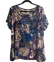 Jaclyn Smith Grey, Purple, & Blue Rose Short Sleeve Blouse Size 3X