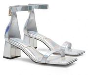 Good American Silver Square Toe Chunky Heel Iridescent Strappy Heels Size 9.5