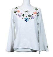 Vintage 1970s Handmade Embroidered Blouse Florals on White Chambray Size S