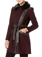 Via Spiga Womens Faux Fur Collar Asymmetrical Belted Wine Women's Size 6