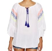 Surf Gypsy Neon Embroidered Bell Sleeve Boho Style Top With Tassels.