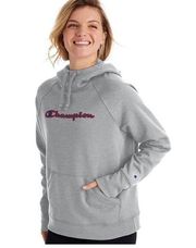 Champion NWT  Powerblend Hoodie /Sweatshirt 3-D Embroidered Logo Grey Womens L