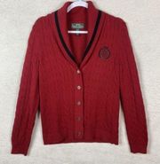 LRL Ralph Lauren Active Womens Large Cardigan Crest Cable Knit Shawl Collar Red