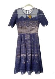 NWT Alya Francesca's Fit-n-Flare Mesh Lace Overlay Navy/Nude Dress Size XS