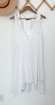 White Sleeveless Button Down Sheer Overlay Dress