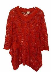 Women's Large Red Hole-Knit Sweater  3/4 Sleeves Beach Coverup