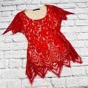 Boutique Lace Overlay Top Women's Medium Red Short Sleeve Cut Out Back