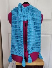 New Handmade Crochet Loose Waffle Stitch Scarf Tassels Light Blue Acrylic 90x8