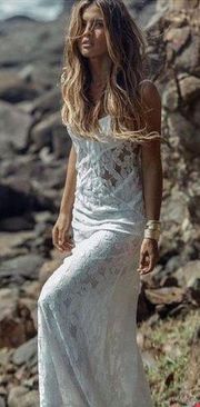 Summer Long Sheath Spaghetti Straps Lace Backless Beach Wedding Dresses XS-S