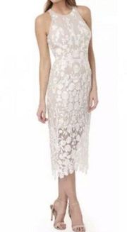 JS Collections Nude White Lace Midi Bodycon Dress Size 4