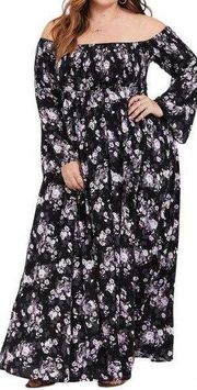 Torrid Womens Floral Print Challis Off Shoulder Maxi Dress Size 1X Black Purple