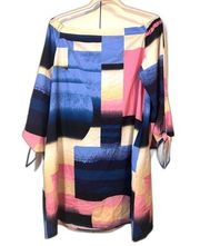 NICOLE MILLER Blue Pink Geo Print 3/4 Tie Sleeves Boat Neck Shift dress Sz10