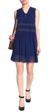 Sandro V Neck Lace Panel Mini Dress Blue Sleeveless