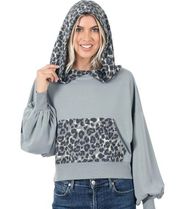 Zenana pale gray leopard accent balloon sleeve terrycloth hoodie size xl