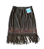 Umgee Olive High Waist Embroidered Fringe Faux Suede Skirt Size Small New