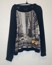 Elie Tahari NYC Scene Graphic Top Sheer/Mesh Sleeves/Back Long Sleeve EUC Sz L