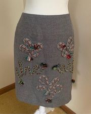 Carlisle Wool Blend Grey Tweed Pencil Skirt w/ Embroidered Embellishments Size 4