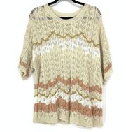 POL Women's Size Medium Crochet Short Sleeve Sweater Striped Beige