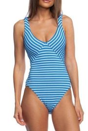 New! POLO RALPH LAUREN Striped Lace-up One-Piece Swimsuit Bathing Suit Blue