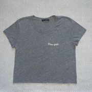 Brandy Melville Grey New York Embroidered Crop Top Tee Shirt Raw Hem OS