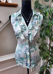 Tahari Women's White & Green Polyester Collared Sleeveless Button Down Shirt M