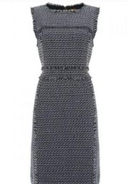 Tory Burch Petula Dress Blue Tweed  Sheath Sleeveless Fringe Wool Blend Size 6