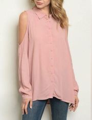 Entro Cold Shoulder Long Sleeve Button Down Shirt Mauve size medium