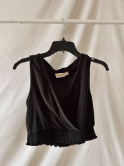 Black Terry Cloth Surplice Top With Smocked Waist