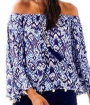 Lilly Pulitzer Womens Delaney Blouse Blue Abstract Long Sleeve Off Shoulder S