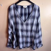 Anthro Cloth & Stone Womens Frayed Bleached Blue and White Plaid Pullover Top