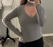 Gray Cut Out V-Neck Turtleneck Sweater Size Medium