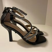 Adrienne Vittadini Geoff Sandal Black w SilverChain Embellished ZigZag Straps 6M