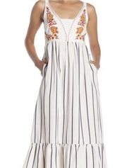 MELLODAY embrodiered stripe midi sleeveless strappy dress boho festival XS