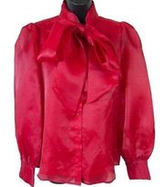 Halogen x Atlantic Pacific Red Puff Sleeve Bow Blouse