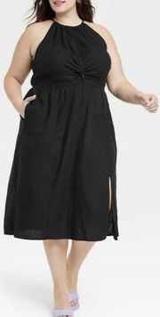 NEW AVA & VIV Linen Blend Halter Neckline Dress in Black Size 1X