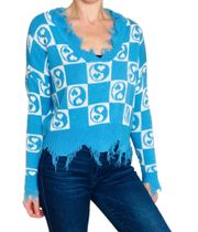 NWT  Blue Yin & Yang Hearts Cropped Fringe Sweater