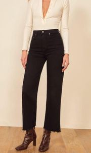 Emma Wide Leg Cropped High Rise Raw Hem Jeans Black