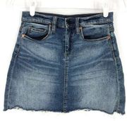 BlankNYC Faded Light Wash Denim Skirt A-Line Raw Hem Mini Skirt Size 25