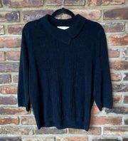 Allison Daley Black 3/4 Sleeve Cable Knit Fold-Over Collar Sweater Size Large P