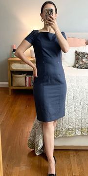 Blue Square Neckline Tailored Suiting Dress