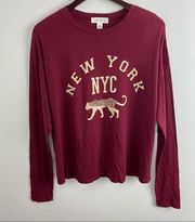 New Treasure & Bond Maroon New York Graphic Long Sleeve Leopard T-shirt Sz Small