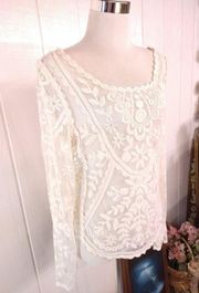 Rewind Size Medium Ivory Sheer Lace Top Scalloped Floral Feminine Sexy Festival