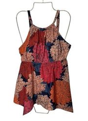 Kona Sol Peach Pink & Navy Floral Print Tankini Top Women's 14W