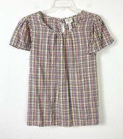 St. John’s Bay White Multicolor Plaid Short Sleeve Peasant Blouse Top Size M