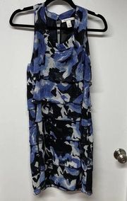 Kenneth Cole NY Blue Black Floral Tiered Ruffled Sleeveless Dress Womens 6 Small