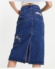 NEW Obey Juniper Midi Denim Stonewash Indigo High Rise Pockets Jean Skirt Sz 32