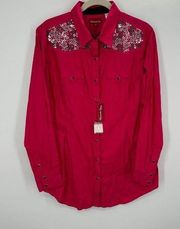 NWT Panhandle Slim Juniors Hot Pink Embroidered Sequin Pearl Snap Top Sz XL