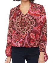 Evereve Pink Paisley Print V-Neck Tie Sleeve Blouse Top