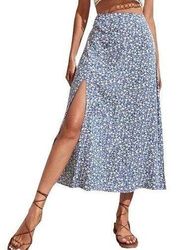 Blue White Floral Print Skirt With Slit Midi Size Small
