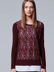Simply Vera Vera Wang Mock-Layer Crewneck Lace Sweater Rhubarb